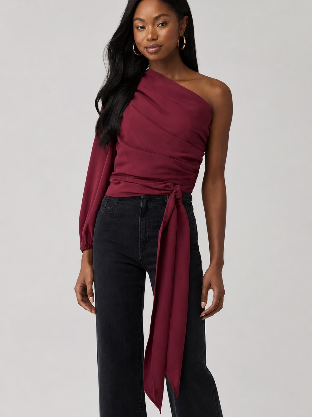 One-Shoulder Draped Tie-Waist Top in Deep Burgundy